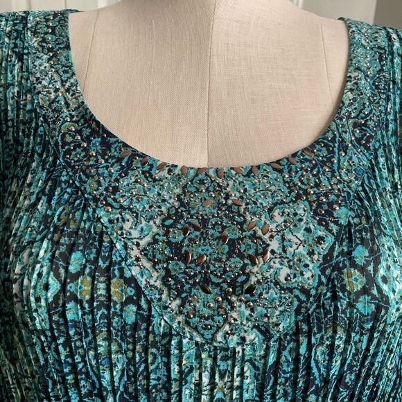 Catherines Womens Embellished Tunic Top 3X Teal Sleeve Artsy Boho Gypsy Pleated - Picture 5 of 7